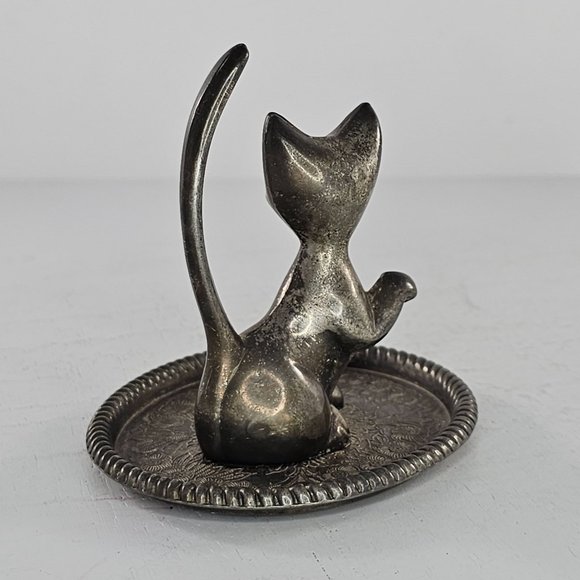 Vintage Silver Plated Cat Kitten Ring Holder Jewelry Dish Hong Kong - Picture 6 of 8